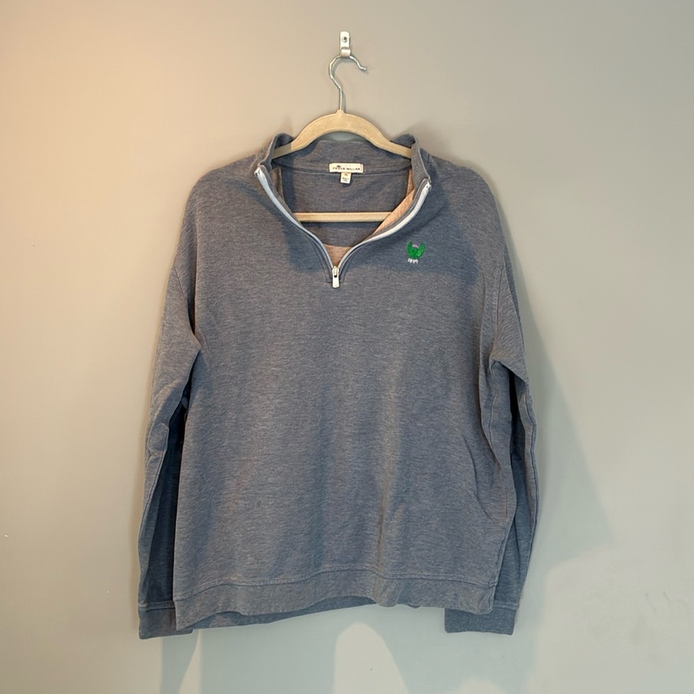 Peter Millar Men's Gray Quarter-Zip Sweater with Green Logo
